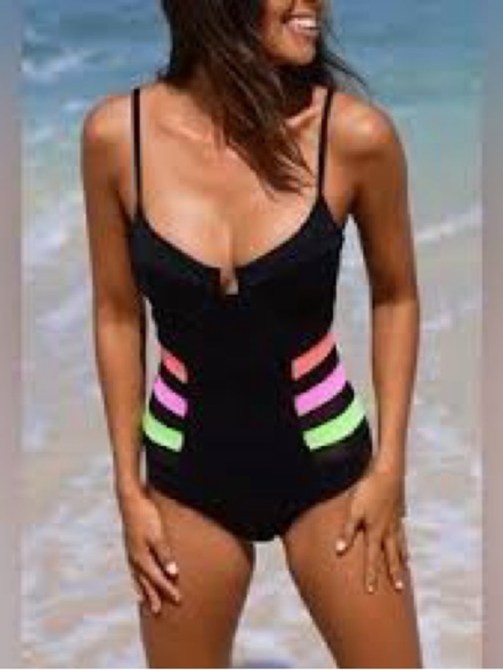 Vetchy Black One-Piece Swimsuit with Neon Stripe Details